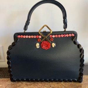 Cinco de mayo VINTAGE LEATHER UPCYCLED handbag, Black w/ lg rose, beads, skull